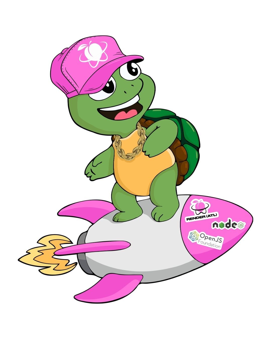 RenderATL rocket-turtle mascot riding a Node.js and OpenJS Foundation rocket